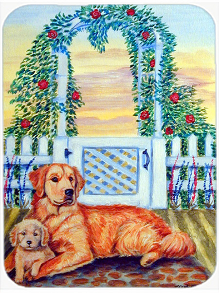 Picture of Carolines Treasures 7148LCB Golden Retriever with puppy at the gate Glass Cutting Board - Large- 15 x 12 in.