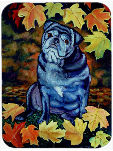 Picture of Carolines Treasures 7159LCB Old Black Pug in fall leaves Glass Cutting Board - Large- 15 x 12 in.
