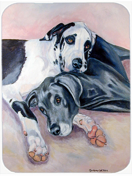 Picture of Carolines Treasures 7164LCB Harlequin and Bule Natural Great Danes Glass Cutting Board - Large- 15 x 12 in.