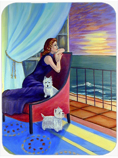 Picture of Carolines Treasures 7167LCB Lady with her Westie Glass Cutting Board - Large- 15 x 12 in.
