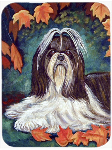 Picture of Carolines Treasures 7182LCB Autumn Leaves Shih Tzu Glass Cutting Board - Large- 15 x 12 in.