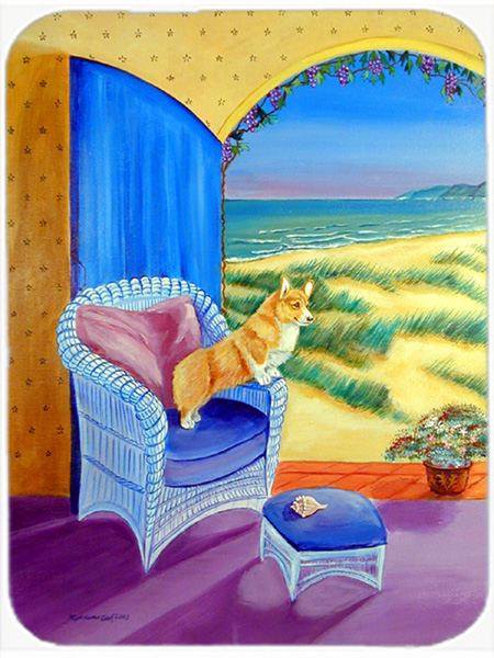 Picture of Carolines Treasures 7184LCB Pembroke Corgi room with a view Glass Cutting Board - Large- 15 x 12 in.