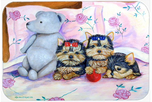 Picture of Carolines Treasures 7192LCB Yorkie Puppies three in a row Glass Cutting Board - Large- 15 x 12 in.