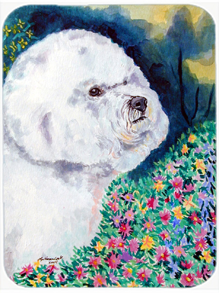 Picture of Carolines Treasures 7225LCB Bichon Frise in the flowers Glass Cutting Board - Large- 15 x 12 in.