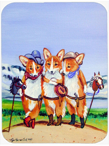 Picture of Carolines Treasures 7283LCB Cowboy Corgi Glass Cutting Board - Large- 15 x 12 in.
