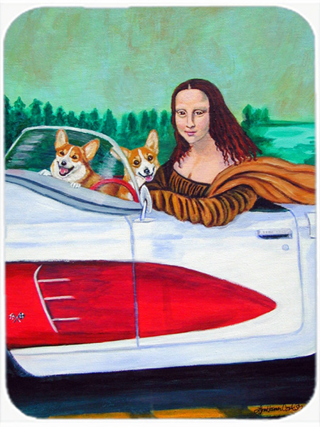 Picture of Carolines Treasures 7284LCB Mona Lisa with Corgi Glass Cutting Board - Large- 15 x 12 in.