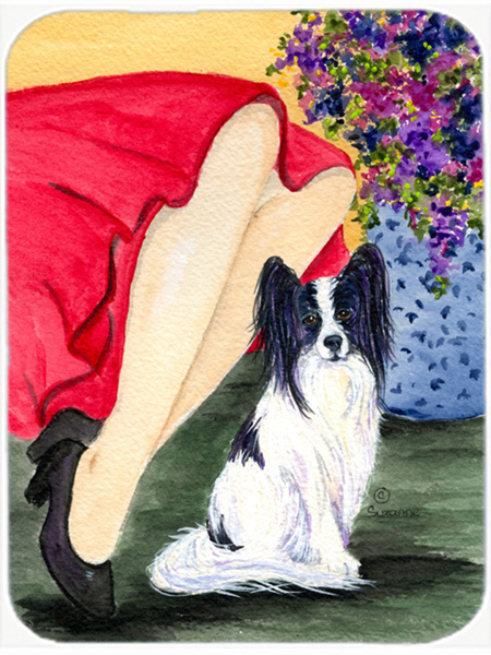 Lady with her Papillon Glass Cutting Board - Large- 15 H x 12 L in.