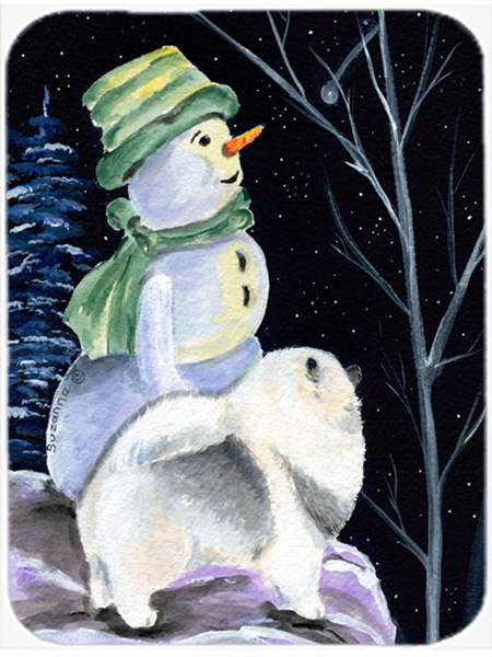 Snowman with Keeshond Glass Cutting Board - Large, 15 H x 12 L in.