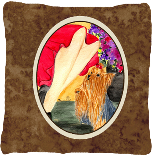 Lady with her Yorkie Decorative Fabric Pillow - 14 x 14 in.