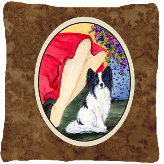 Lady with her Papillon Decorative Fabric Pillow - 14 x 14 in.