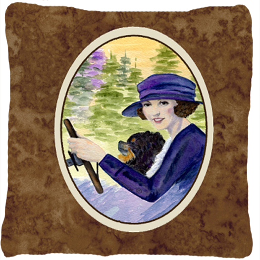 Lady driving with her Pomeranian Decorative Fabric Pillow - 14 x 14 in.