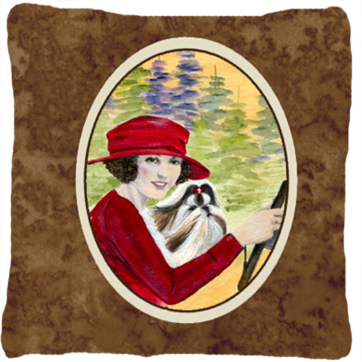 Lady driving with her Shih Tzu Decorative Fabric Pillow 14 x 14 in.