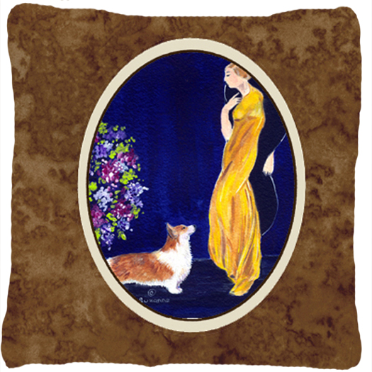 Lady with her Corgi Decorative Fabric Pillow - 14 x 14 in.