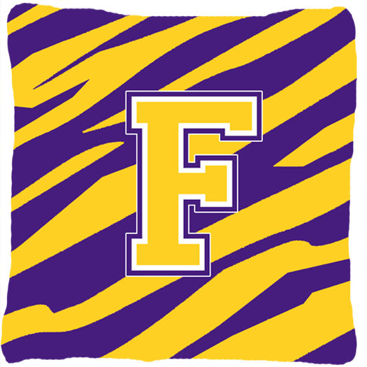 CJ1022-FPW1414 Monogram - Tiger Stripe - Purple Gold Decorative Fabric Pillow - 14 x 14 in.- Initial F