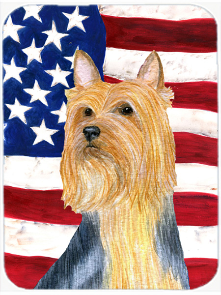 USA American Flag with Silky Terrier Glass Cutting Board - Large
