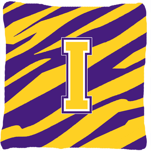 Monogram - Tiger Stripe - Purple Gold Decorative Fabric Pillow - 14 x 14 in.- Initial I