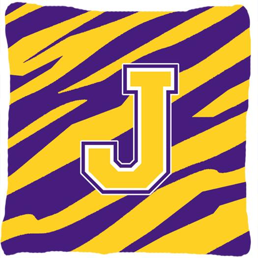 Monogram - Tiger Stripe - Purple Gold Decorative Fabric Pillow - 14 x 14 in.- Initial J