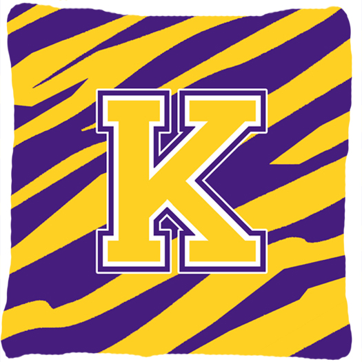 Monogram - Tiger Stripe - Purple Gold Decorative Fabric Pillow - 14 x 14 in.- Initial K