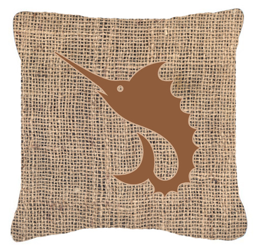 Fish - Sword Fish Burlap and Brown Decorative Fabric Pillow - 14 x 14 in.
