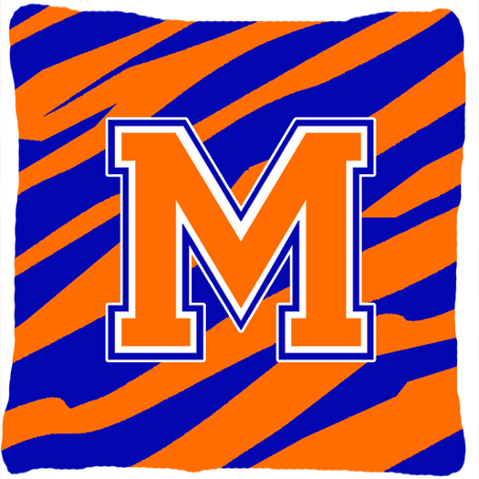 Monogram Initial M Tiger Stripe - Blue Orange Decorative Fabric Pillow - 14 x 14 in.