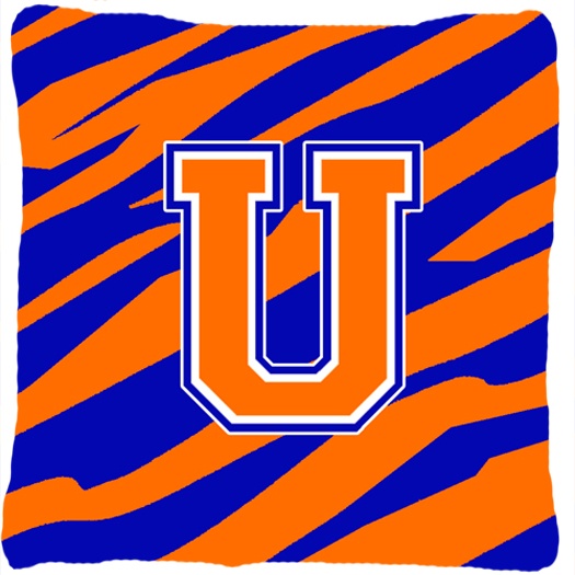 Monogram Initial U Tiger Stripe - Blue Orange Decorative Fabric Pillow - 14 x 14 in.