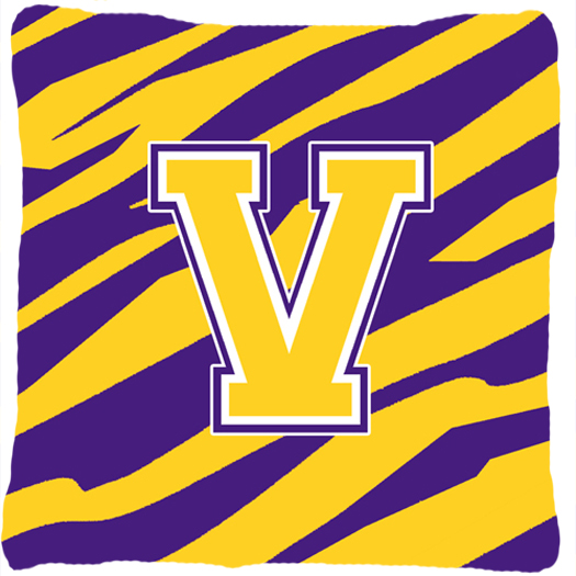 Monogram - Tiger Stripe - Purple Gold Decorative Fabric Pillow - 14 x 14 in.- Initial V