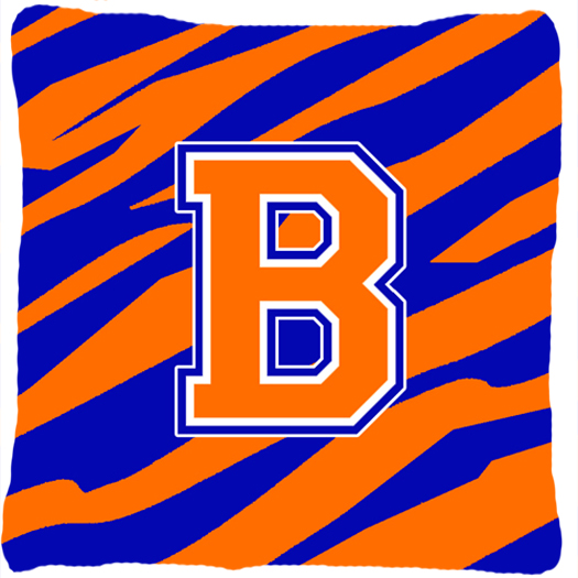 Monogram Initial B Tiger Stripe - Blue Orange Decorative Fabric Pillow - 14 x 14 in.