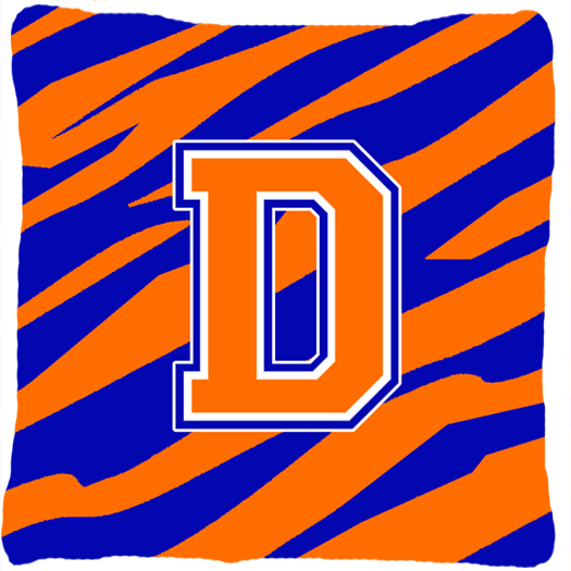 Monogram Initial D Tiger Stripe - Blue Orange Decorative Fabric Pillow - 14 x 14 in.