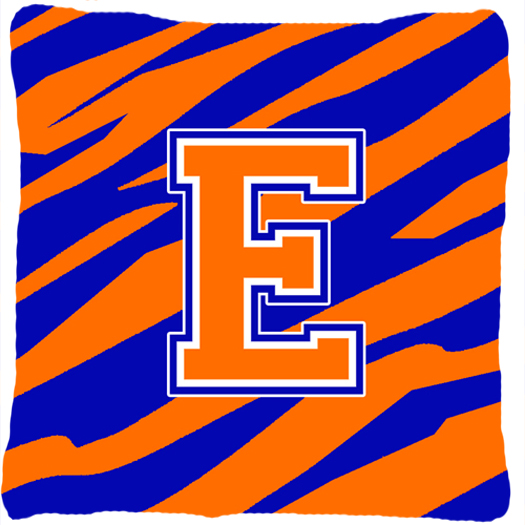 Monogram Initial E Tiger Stripe - Blue Orange Decorative Fabric Pillow - 14 x 14 in.