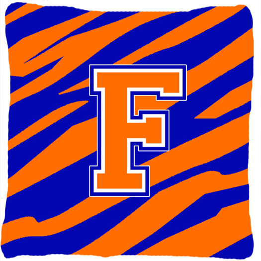 Monogram Initial F Tiger Stripe - Blue Orange Decorative Fabric Pillow - 14 x 14 in.