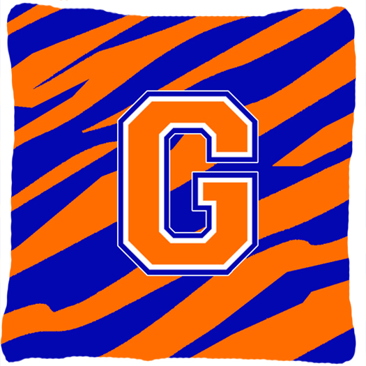 Monogram Initial G Tiger Stripe - Blue Orange Decorative Fabric Pillow - 14 x 14 in.