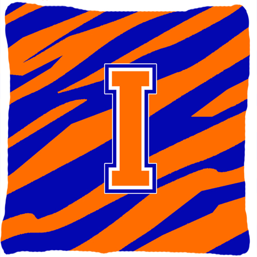 Monogram Initial I Tiger Stripe - Blue Orange Decorative Fabric Pillow - 14 x 14 in.