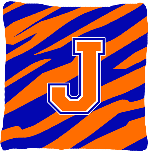 Picture of Carolines Treasures CJ1023-JPW1414 Monogram Initial J Tiger Stripe - Blue Orange Decorative Fabric Pillow - 14 x 14 in.