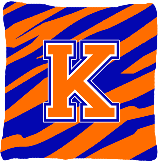 CJ1023-KPW1414 Monogram Initial K Tiger Stripe - Blue Orange Decorative Fabric Pillow - 14 x 14 in.