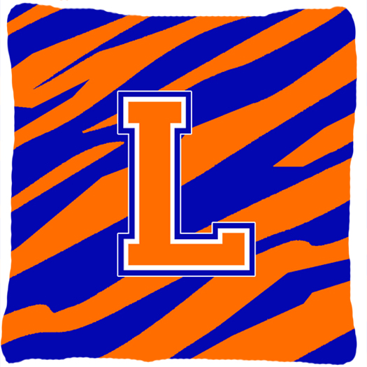 Monogram Initial L Tiger Stripe - Blue Orange Decorative Fabric Pillow