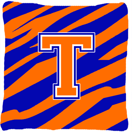 Monogram Initial T Tiger Stripe - Blue Orange Decorative Fabric Pillow