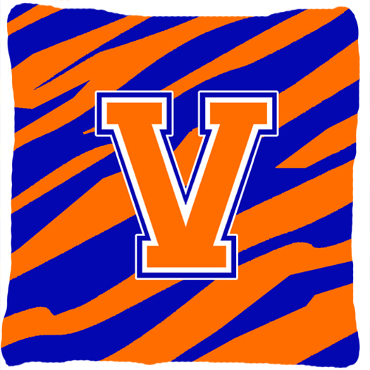 Monogram Initial V Tiger Stripe - Blue Orange Decorative Fabric Pillow