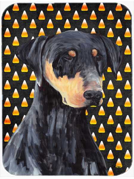Doberman Natural Ears Candy Corn Halloween Portrait Glass Cutting Board - Large