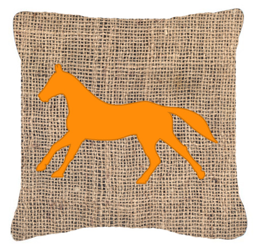 Horse Burlap and Orange Decorative Fabric Pillow - 14 x 14 in.