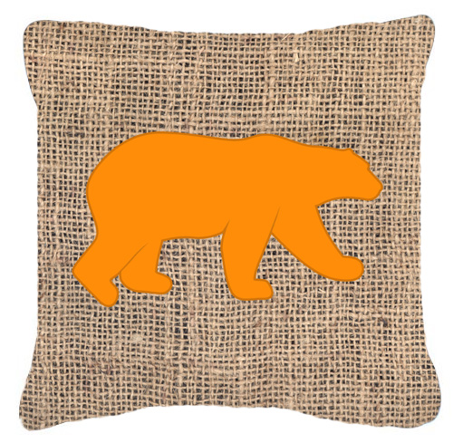 Bear Burlap and Orange Decorative Fabric Pillow - 14 x 14 in.
