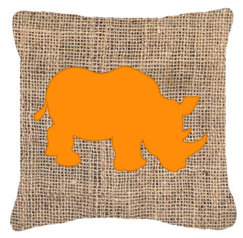 Rhinoceros Burlap and Orange Decorative Fabric Pillow - 14 x 14 in.