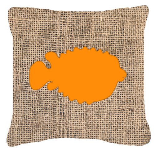 Fish - Blowfish Burlap and Orange Decorative Fabric Pillow