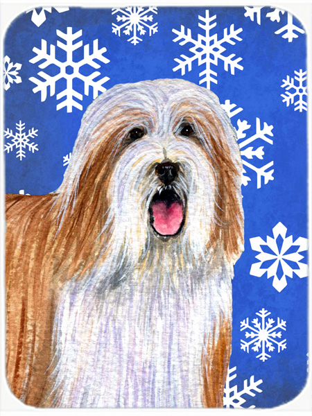 Bearded Collie Winter Snowflakes Holiday Glass Cutting Board - Large