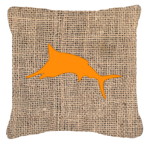 Fish - Marlin Burlap And Orange Fabric Decorative Pillow