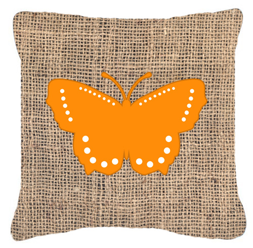 Butterfly Burlap And Orange Fabric Decorative Pillow