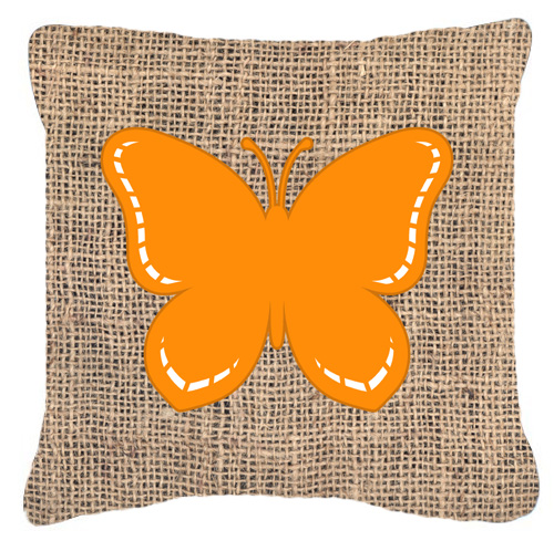 Butterfly Burlap And Orange Fabric Decorative Pillow
