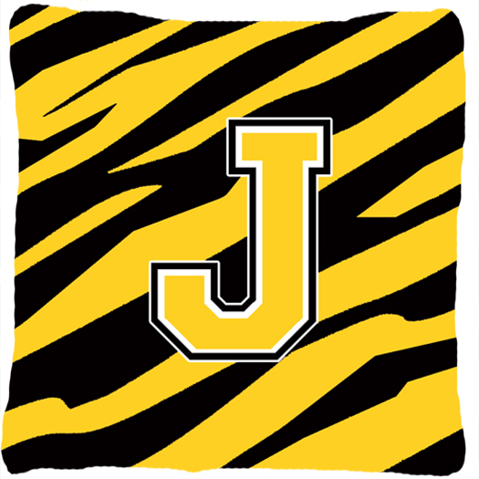 Monogram Initial J Tiger Stripe - Black Gold Decorative Fabric Pillow