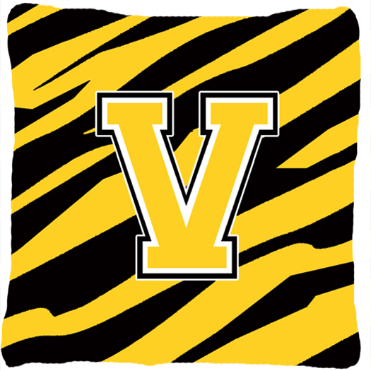 Monogram Initial V Tiger Stripe - Black Gold Decorative Fabric Pillow