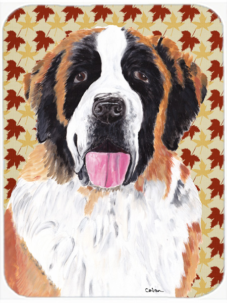 Saint Bernard Fall Leaves Portrait Glass Cutting Board- Large