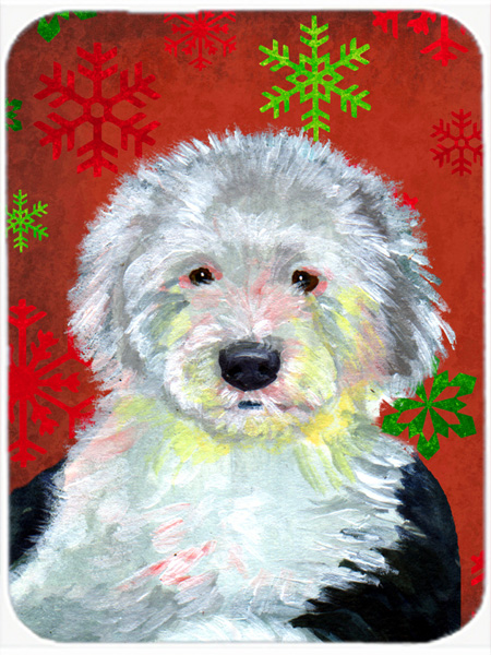 LH9351LCB Old English Sheepdog Red Snowflakes Christmas Glass Cutting Board - Large